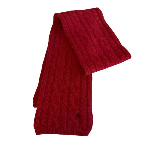 Ralph Lauren Red Cable Knit Wool Blend Scarf With RL Logo Embroidery - Picture 1 of 3